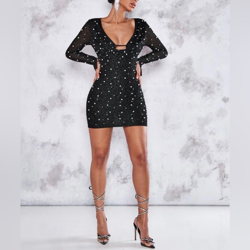 NTM: SHEIN Pearl Embellished Black Bodycon Mini Dress Long Sleeve Size Small - Picture 16 of 16